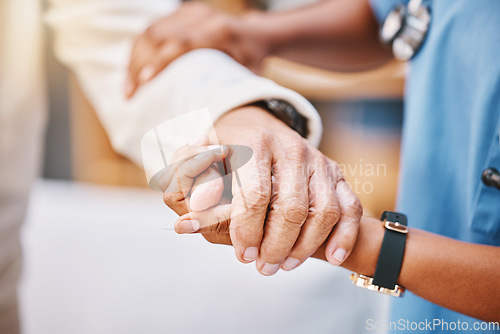 Image of Nurse, hands and helping patient with walking, rehabilitation and elderly care in clinic. Closeup caregiver, nursing home and support of holding hands for healthcare safety, medical service and trust