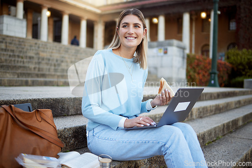 Image of College, study and food with woman and laptop for education, lunch break and academy research. University, knowledge and goal with girl student and sandwich on stairs of campus for relax and learning