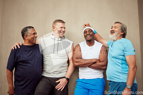 Image of Happy men, exercise group and laughing in city on wall background outdoors. Smile, fitness and mature male friends with happiness for workout, wellness support and sports energy for healthy lifestyle