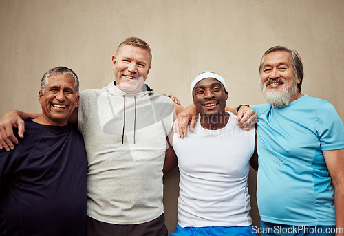 Image of Happy men, exercise group and portrait in city on wall background outdoor. Smile, fitness and mature male friends with happiness for workout, community wellness or support of healthy sports diversity