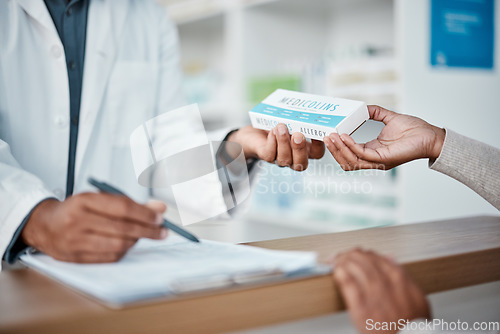Image of Healthcare, pharmacist hands with pills for woman at counter and medicine or prescription drugs at pharmacy. Health, wellness and medical insurance, man and drug store customer for health care advice