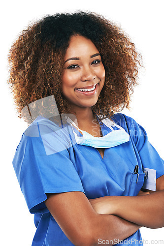 Image of Nurse, portrait and black woman with arms crossed in studio isolated on white background. Medic, healthcare or confident, happy or proud female medical physician from Nigeria ready for wellness goals