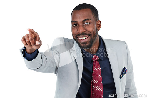 Image of Businessman, portrait or pointing at studio space, advertising mockup or isolated white background. Smile, happy or corporate worker with showing hands gesture at sales deal, mock up or promotion