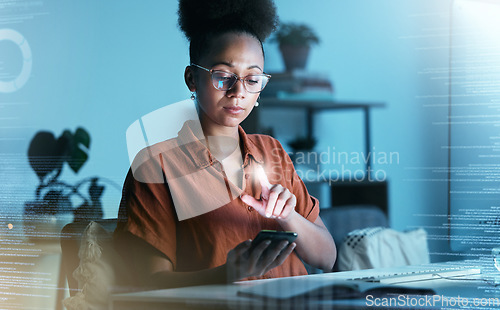 Image of Hologram, futuristic overlay and black woman with phone in a business office reading code data. Fintech, invest and 3d information technology work of a finance worker with digital and future web job