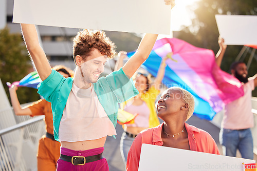 Image of Support, poster and friends at a protest for lgbtq rights, pride event and celebration of love freedom. Happy, diversity and community with boards in city of Brazil for gay equality and sexual choice