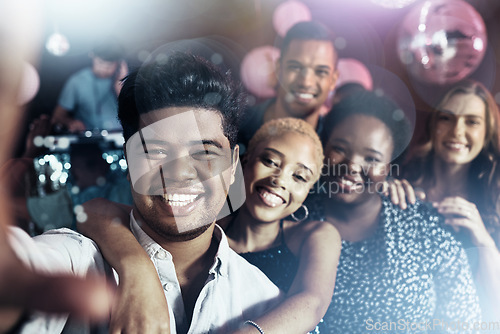 Image of Friends, portrait or phone selfie on party dance floor in nightclub event, bokeh disco or global celebration. Smile, happy or bonding people on mobile photography pov, social media or profile picture