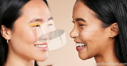 Image of Face, makeup and diversity with model woman friends closeup in studio on a beige background. Skincare, beauty or cosmetics with an attractive young female and friend posing to promote a skin product