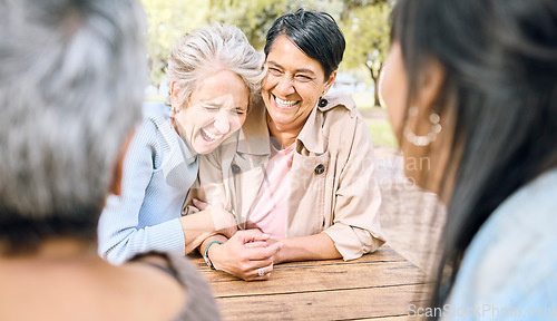 Image of Women smile, friends and in park for reunion, bonding and conversation outdoor fun, summer or embrace. Females, ladies laughing or in nature to relax, talking or friendship with sunshine or happiness