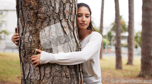 Image of Nature, environment or woman hug trees for save the planet, deforestation support or community outreach project. Earth day sustainability, eco friendly NGO charity or volunteer protect natural growth