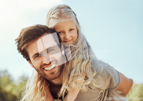 Image of Portrait, father carry girl and outdoor for bonding, happiness and quality time together, smile and weekend break. Love, dad and daughter on back, nature and loving on break, happy or playful for fun