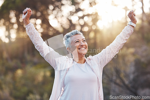 Image of Senior woman, smile and nature while outdoor for freedom, happiness and a healthy lifestyle with fitness and fresh air. Face of happy black female at park for peace, health and wellness in summer