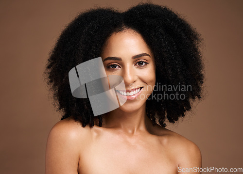Image of African hair, afro and portrait of model with clean shampoo hair care, healthy hair and wellness treatment. Spa salon, trichology and happy black woman with skincare glow, face makeup and cosmetics
