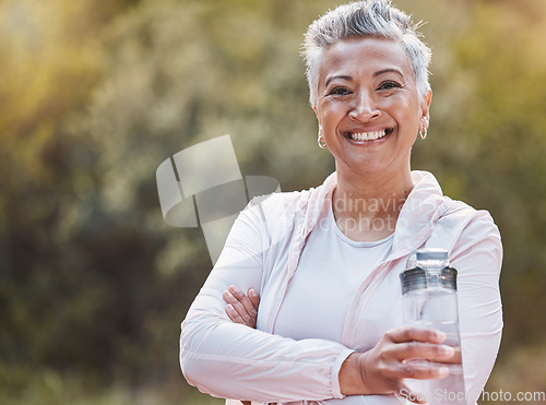 Image of Portrait, senior woman and nature exercise with a water bottle while outdoor for fitness and a healthy lifestyle. Happy black female at the park for a cardio workout, health and wellness in summer