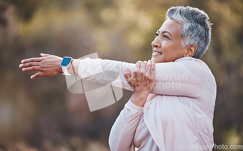 Image of Fitness, happy or old woman stretching in nature to start training, hiking exercise or workout in Portugal. Wellness, warm up or healthy senior person smiles thinking of goals, vision or motivation