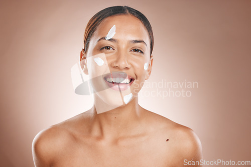 Image of Face skincare, cream and black woman for beauty, cosmetics or healthy glow on studio mockup product advertising. Young model in happy portrait for sunscreen, dermatology skin care or facial promotion