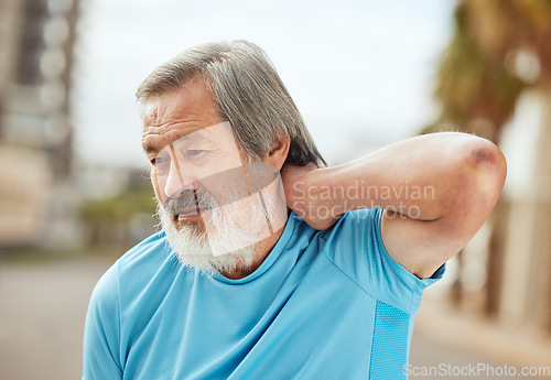 Image of Senior asian man, fitness and back pain outdoor for exercise workout injury, training accident or retirement healthcare. Elderly athlete, runner stress and sports muscle pain emergency in city street