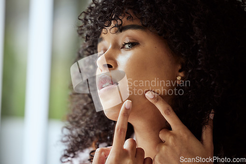 Image of Black woman, hands and facial acne skincare cleaning for beauty hygiene, grooming wellness and cosmetics dermatology in bathroom. Young African girl, checking face pimples and self care cosmetology