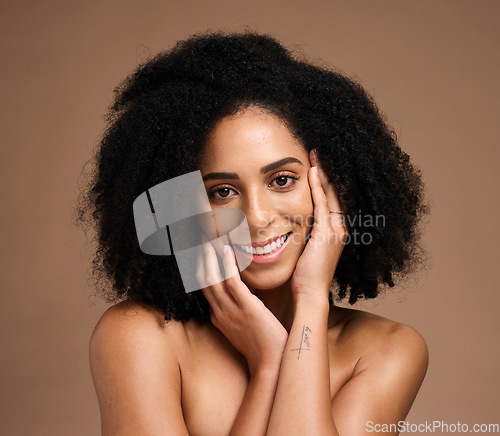 Image of Black woman, portrait and hands with smile, makeup or cosmetic wellness for beauty, face or natural hair. Model, skincare glow and happy, self care or self love with healthy afro by studio background