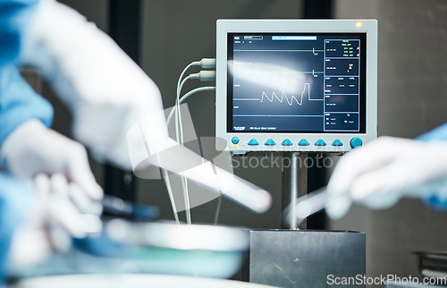 Image of Electrocardiogram, hands of doctors with scalpel or team for surgery, healthcare or medical support. Zoom, monitor or nurse hand in theater for trust, insurance or surgeon in hospital operation room