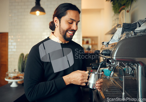 Image of Cafe owner, working barista and coffee shop machine job for morning espresso at restaurant. Waiter, milk foam and small business work of a person working on drink order service as store manager