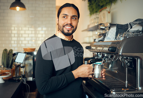 Image of Cafe, barista and man at coffee machine milk steamer thinking with optimistic and happy smile. Professional coffee shop business owner and entrepreneur guy working at machine in Brazil.