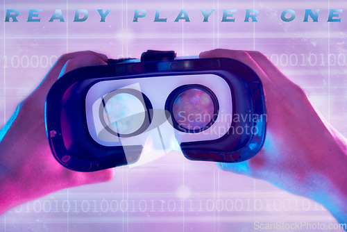 Image of 3d, virtual reality headset and hands of man ready to explore cyber world. Binary metaverse, futuristic neon or pov of male player holding technology for vr exploration and gaming glasses for esports