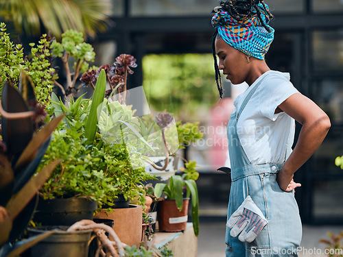 Image of Black woman, small business and tired at plants shop for garden, nursery or greenhouse retail. Entrepreneur working outdoor at plants startup store for sustainability, green environment and gardening