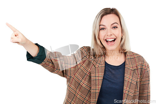 Image of Happy, excited and portrait of a smiling woman pointing isolated on a white background in studio. Direction, advertisement and beautiful girl showing a recommendation or presenting on a backdrop
