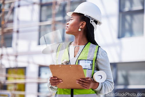 Image of Architecture, checklist and project management with black woman at construction site for civil engineering, designer and building inspection. Industrial, vision and planning with construction worker