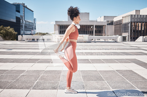 Image of Fitness, city and woman stretching legs for health and wellness. Sports runner, training and female athlete warm up, prepare and getting ready for workout, exercise and running outdoors on street.