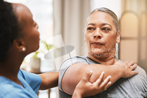 Image of Physiotherapist consulting woman in physiotherapy for muscle, arthritis or stretching exercise, massage and breathing help. Physical therapy client, chiropractor and healthcare rehabilitation support