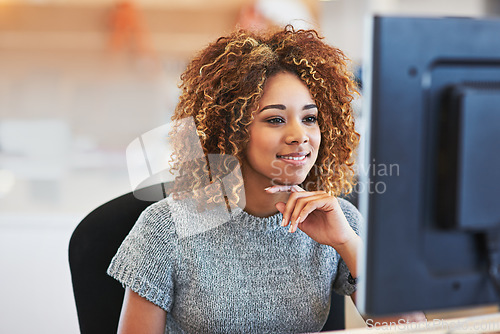 Image of Email, connectivity and black woman with a computer for business, internet and corporate research. Online, work and African employee with a smile while reading executive information on the web