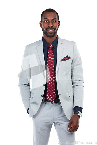 Image of Businessman, success and CEO portrait with leadership, executive smile with vision isolated on white background. Black man, black business and professional corporate boss, career goals with mindset