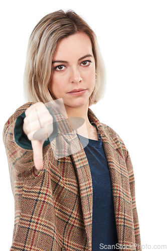 Image of Thumbs down, fail and portrait of woman in studio isolated on white background. Face, dislike hand gesture and sad female model with failure emoji, bad or disagreement, rejection or negative review.