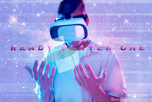 Image of Universe, virtual reality and man in metaverse with 3d technology headset. Vr, futuristic neon or male player exploring galaxy cosmos, stars or aerospace while looking at hands in online fantasy game