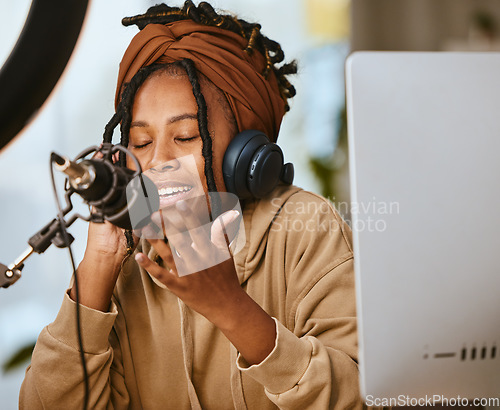 Image of Communication, radio talk show and black woman, startup podcast presenter or speaker talking about teen culture. Girl live streaming, audio microphone and gen z influencer speaking about student news