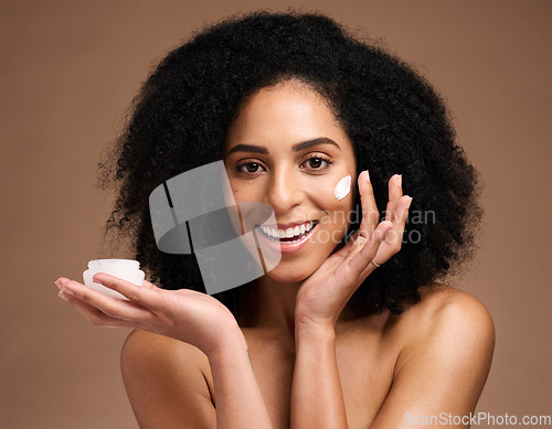 Image of Cream product, studio and skincare woman in portrait for facial, natural cosmetics or beauty wellness in studio mockup. Black woman model for face sunscreen, collagen or dermatology container in hand