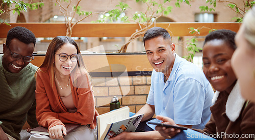 Image of Funny, happy and university team and education, study together with discussion and communication about paper. Learning, scholarship and college students laughing, collaboration and teamwork fun