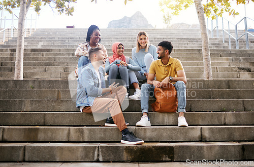 Image of Relax, friends or students on stairs at break talking or speaking of future goals or education on campus. Diversity, school or happy young people in university or college bonding in fun conversation