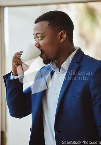 Image of Thinking, black businessman or drinking coffee in airport lounge, hotel lobby or modern office building. Corporate worker, employee or manager with tea cup, innovation vision or company growth idea