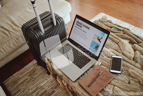 Image of Laptop screen, travel website and suitcase background for vacation planning, hospitality marketing and hotel online blog advertising. Ux or ui web design, luggage and technology for contact us or faq