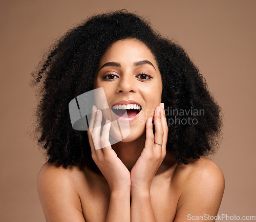 Image of Face portrait, skincare and surprise of black woman in studio isolated on a brown background. Makeup cosmetics, wow and happy female model shocked at facial transformation after spa skin treatment.