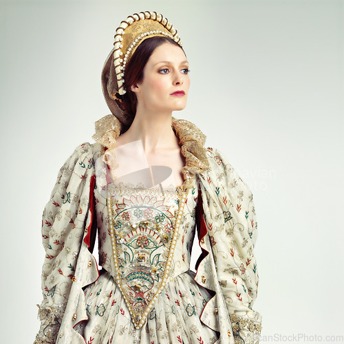 Image of Queen, monarch with history, renaissance and woman with theatre, Shakespeare and drama isolated on white background. Victorian royalty in vintage dress, crown and cosplay with female rule mockup