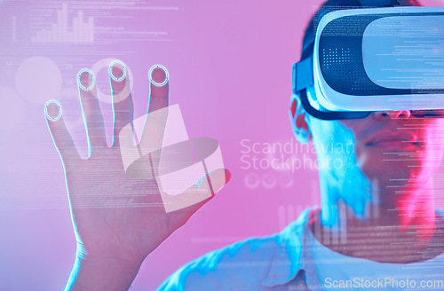 Image of Hand, 3d futuristic and man in virtual reality exploring a cyber world. Digital transformation, metaverse and male touching ux button, data overlay or vr, graphics or software app on neon background.