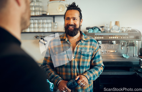 Image of Man, barista helping customer and service in coffee shop, conversation and friendly entrepreneur. Guy, male employee or assist client in cafe, talking or order tea with successful business or startup