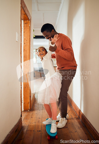 Image of Learning, skateboard and fun with father and daughter in their house, happy and smile while holding for balance. Skating, playing and girl with parent on a board, laughing and teaching in their home