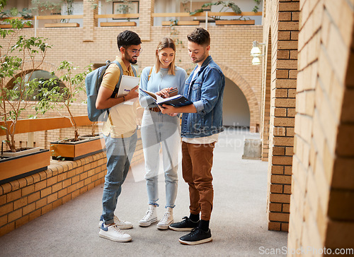 Image of University, students and friends with textbook for project study, education or sharing information together at the campus. Group of college people reading book with smile for learning or scholarship