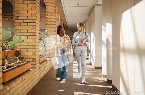 Image of University, friends and women walking, talking and education in hall, conversation and bonding. Young females, girls and students have discussion, walk and share news on campus and happiness outdoor