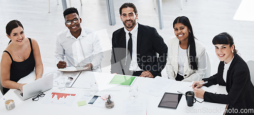 Image of Business people, team and happiness portrait for planning finance report, sales presentation or financial management. Teamwork, happy corporate meeting and startup reports analysis for target goals