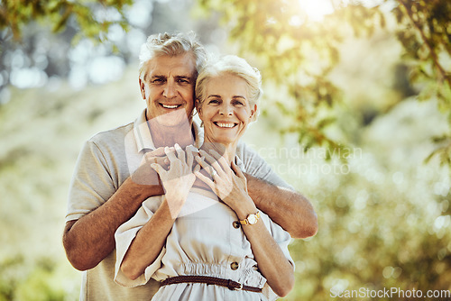 Image of Elderly, couple with hug in park and love with marriage portrait, retirement travel together with commitment outdoor. Old man, woman and care with trust and support, nature mockup and happiness